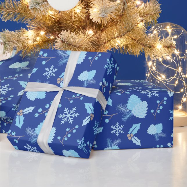 Frosted Snöflingor Pinecones Mistletoe Mörk blått Presentpapper (Helgdagar)