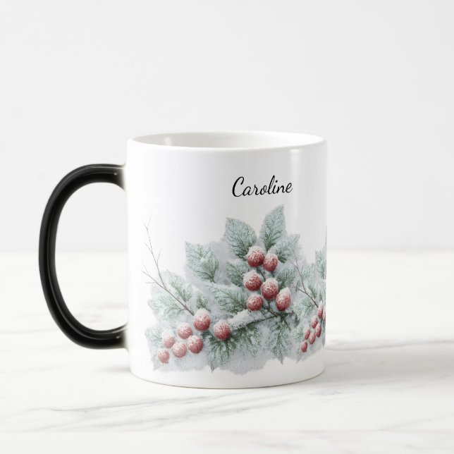 Frosted Winter Berry and Spruce Botanical Holiday  Magisk Mugg (Vänster)