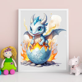 Frostfire Hatchling Blå Drakfantasi Poster