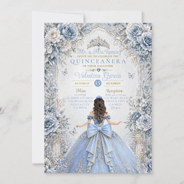 Frostig dammig blå silver Quinceañera-inbjudan Inbjudningar (Framsida)