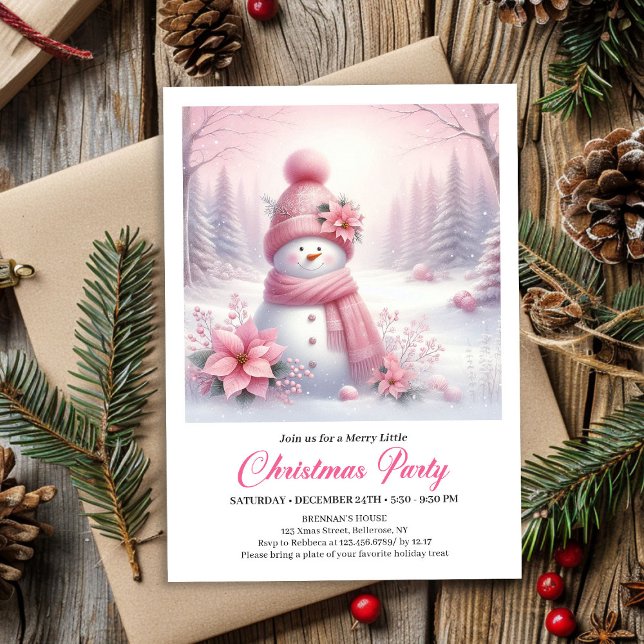 Frostig Rosa Coquette Snöman Digital Jul  Inbjudningar (Frosty Pink Coquette Snowman Digital Christmas Kids Invite)