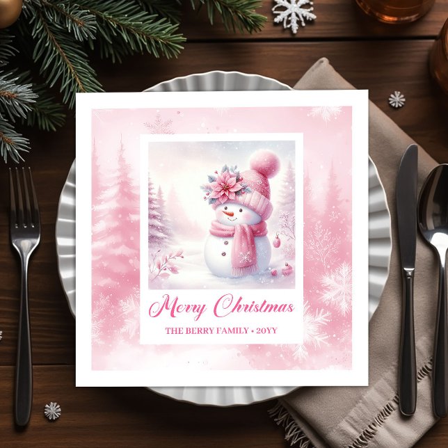 Frostig Rosa Snöman Vinter Scen Jul Servetter (Frosty Pink Snowman Winter Scene Christmas Napkins Kids)