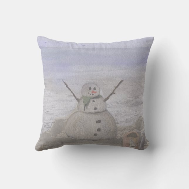 Frostig Snöman På Stranden Kudde (Baksida)