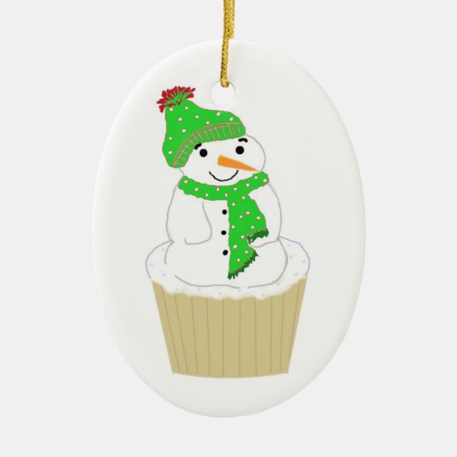 Frostig Snömann Cupcake Julgransprydnad Keramik (Framsidan)
