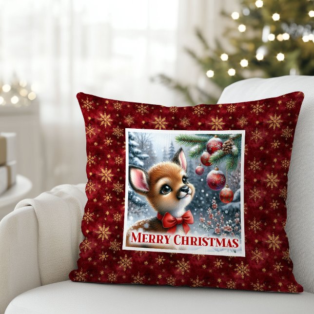 Frostig vinterscen bebis dovhjort snöig skog barn  kudde (Frosty winter scene baby fawn snowy forest kids decor)
