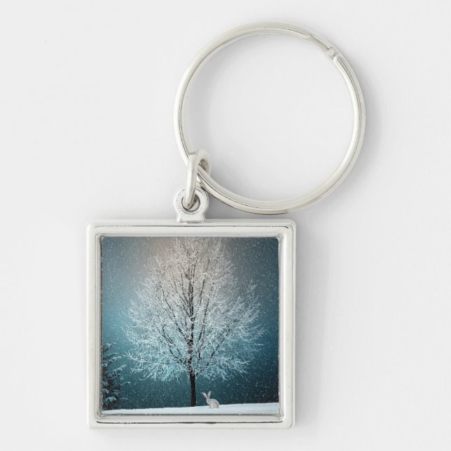 Frostigt träd på kvällen fyrkantig silverfärgad nyckelring (Framsidan)