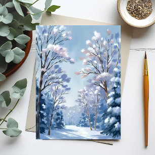 Frostlight skog Vinter Snö Akvarell Natur Vykort