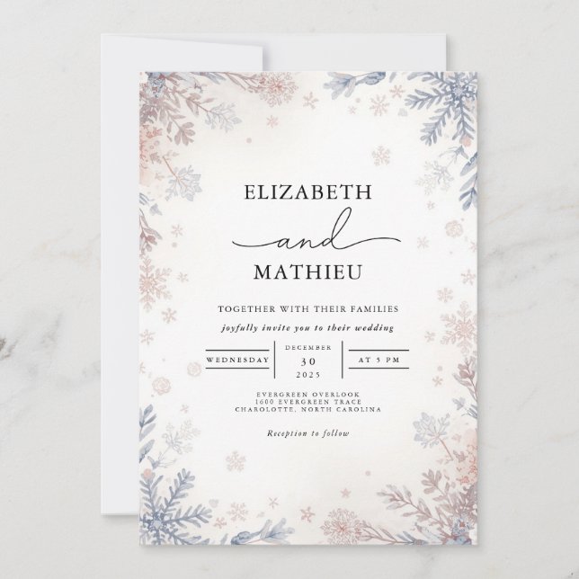 Frosty Azure Blommigt Winter Wedding Inbjudningar (Framsida)