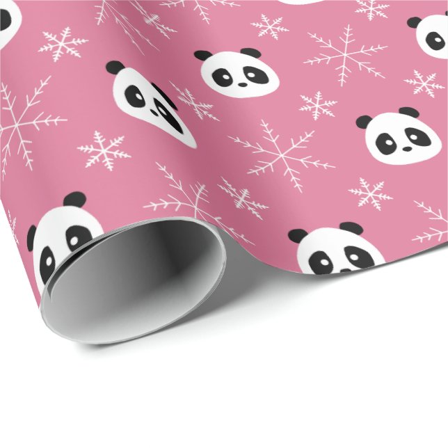 Frosty Berry Rosa - Cute Pandas med Snöflingor Presentpapper (Rullad Hörn)