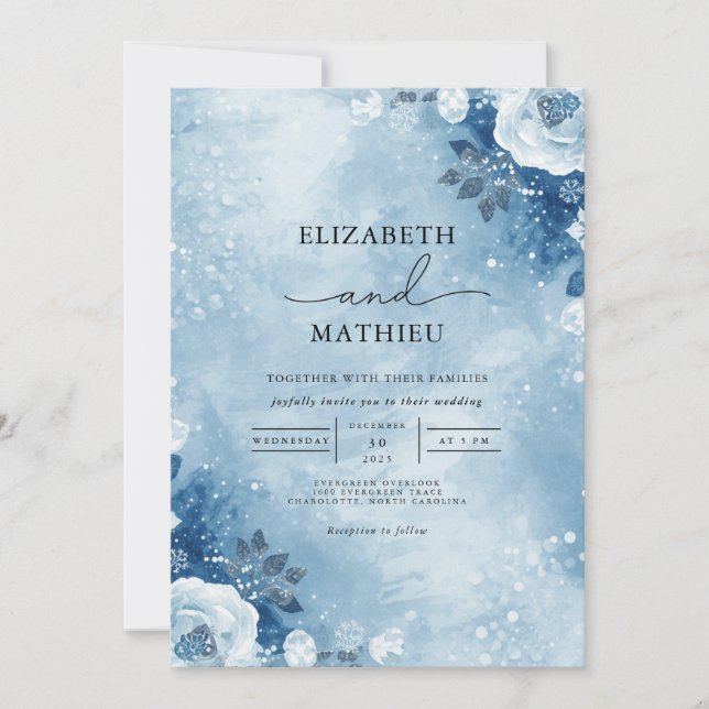 Frosty Blue Bloom Winter Wedding Inbjudningar (Framsida)