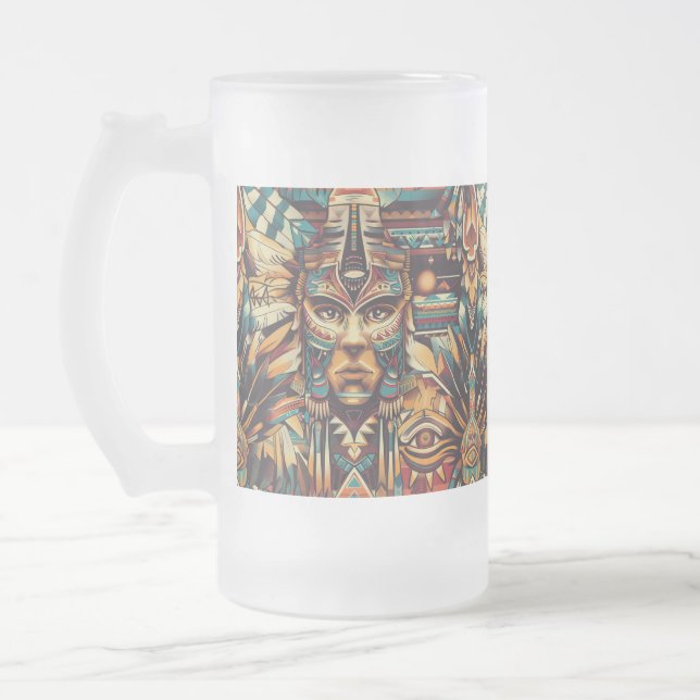 Frosty Blue ’Mesoamerican Motif’ Glass Mugg (Vänster)