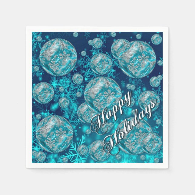 Frosty Blue Snowflake Bubbles Helgdag Napkins Pappersservett (Framsidan)