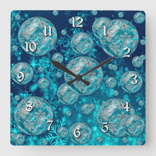 Frosty Blue Snowflake Bubbles Square Wall Clock Fyrkantig Klocka