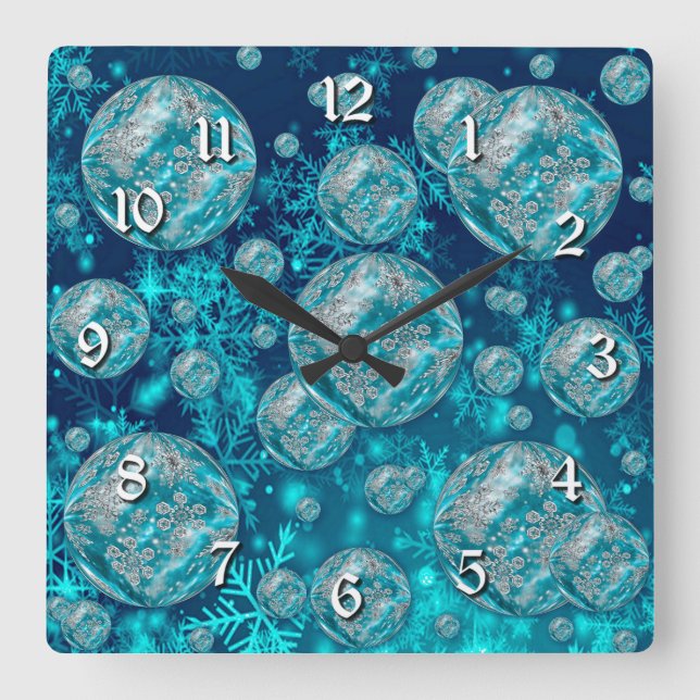 Frosty Blue Snowflake Bubbles Square Wall Clock Fyrkantig Klocka (Framsida)