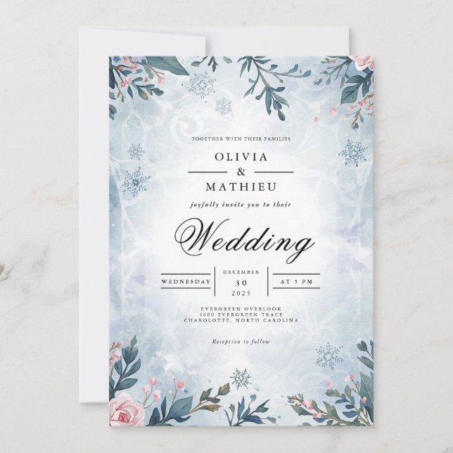 Frosty Gren Blommigt Winter Wedding Inbjudningar (Framsida)