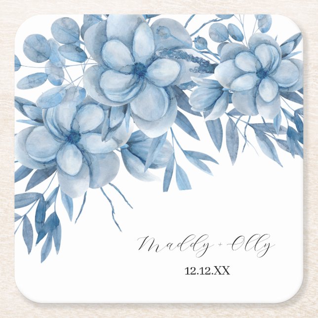 Frosty Grey Blue Floral Wedding Underlägg Papper Kvadrat (Framsidan)