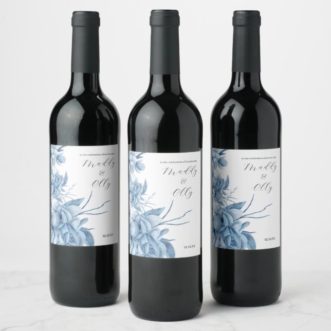 Frosty Grey Blue Floral Wedding Vinflaska Etikett (Flaskor)