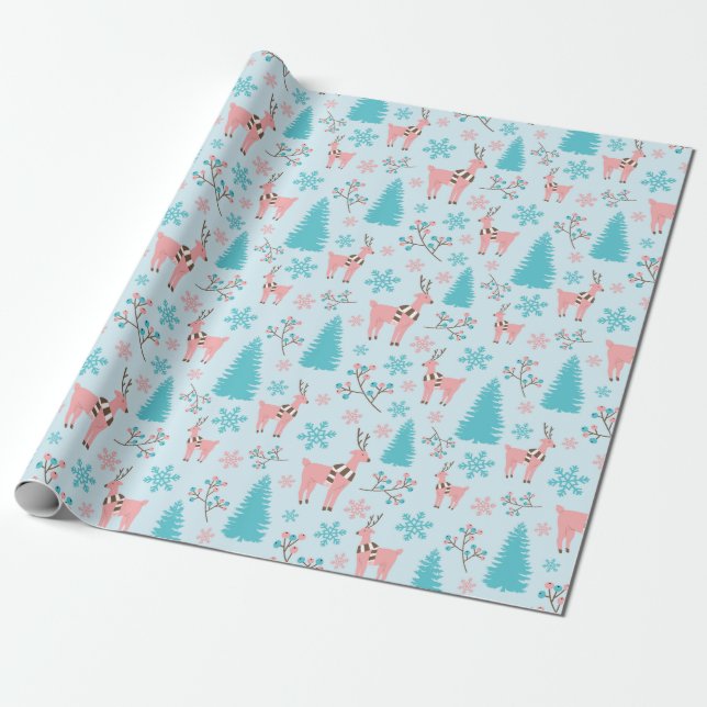 Frosty Pastel Rosa Reindees Blue Gräs Seamless Presentpapper (Utrullad)