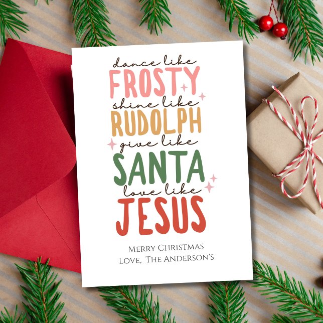 Frosty Rudolph Santa Jesus jul Holiday kort (Frosty the Snowman, Rudolph, Santa and Jesus Christmas Card. Printed or Digital Instant Download)