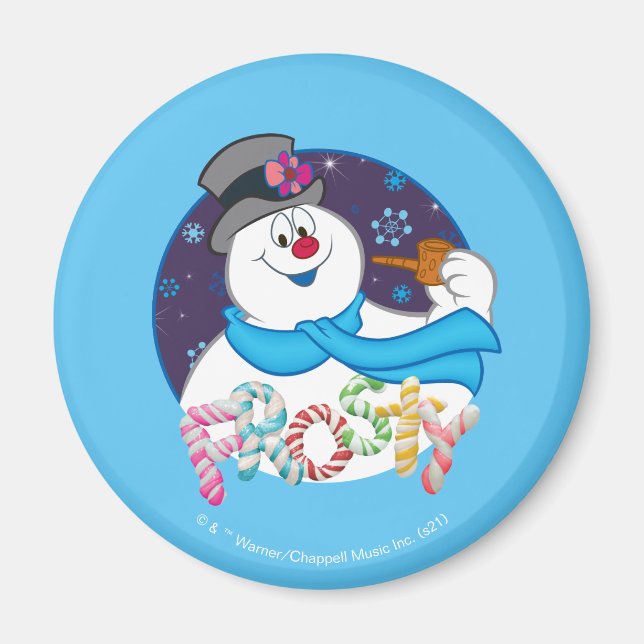 Frosty Snögubbe™ | Färgfull Candy cane Namn Magnet (Framsidan)