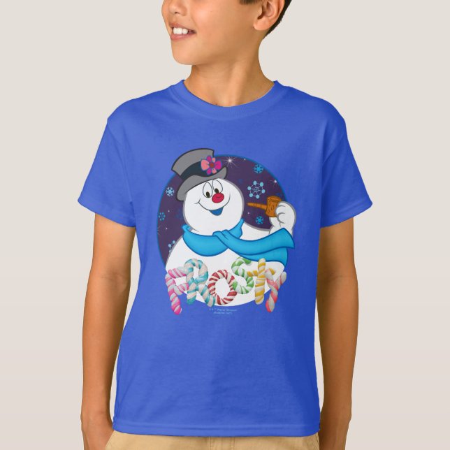 Frosty Snögubbe™ | Färgfull Candy cane Namn T Shirt (Framsida)