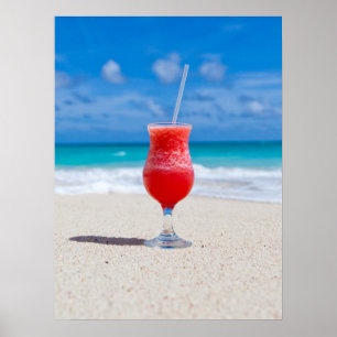 Frosty Strawberry Drink on Beach Poster