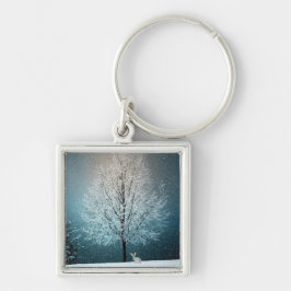 Frosty träd på kvällen fyrkantig silverfärgad nyckelring