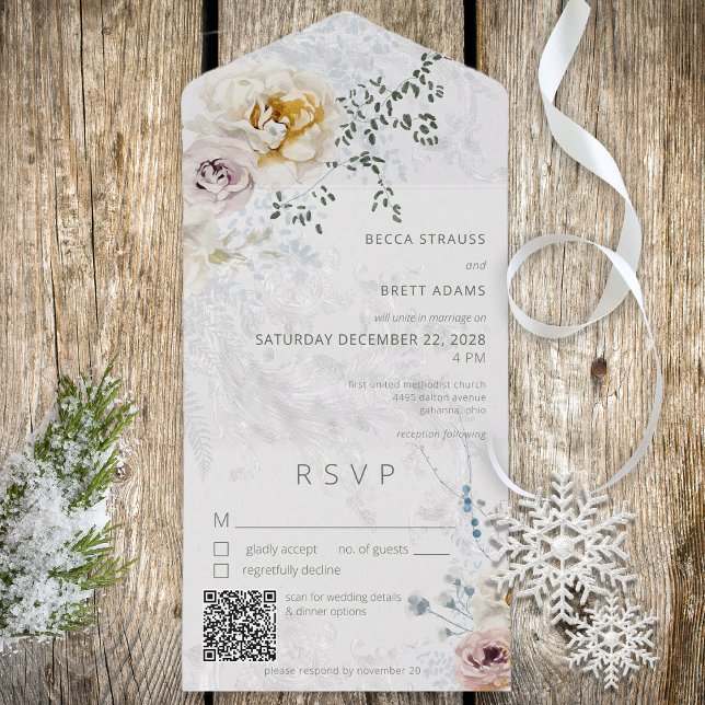Frosty Winter Pastel Blommigt Modern QR-kod (Also available without a QR code; with or without dinner selection options.)