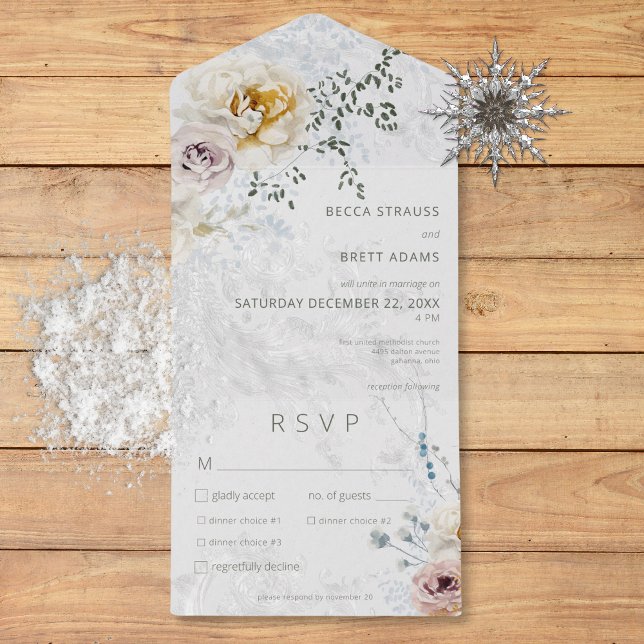 Frosty Winter Pastel Blommigt Modern tremiddag (Frosty Winter Pastel Floral Modern Three Dinner All In One Invitation)