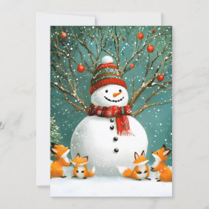 Frosty Winter Whimsical Snögubbe Fox Wonderland Julkort