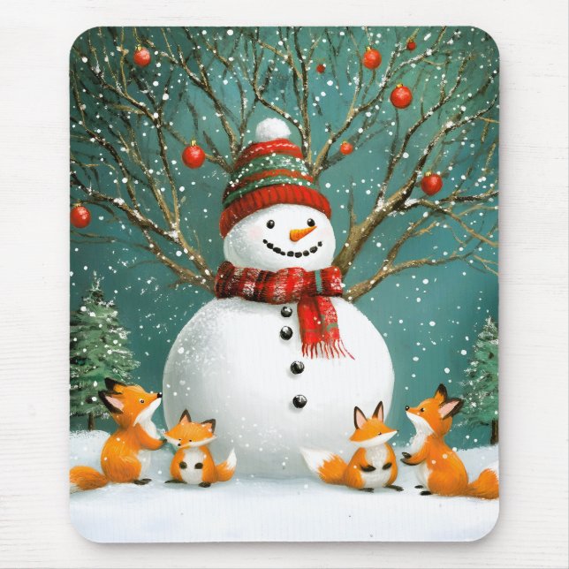 Frosty Winter Whimsical Snögubbe Fox Wonderland Musmatta (Framsidan)