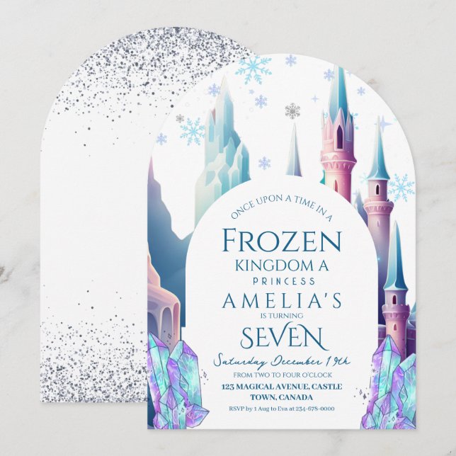 Frozen 7-års födelsedags tecknad slott inbjudningar (Fram/baksida)