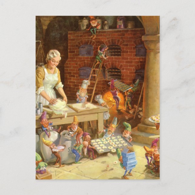 Fru Claus och älvorna bakar julkakor Helg Vykort (Framsida)