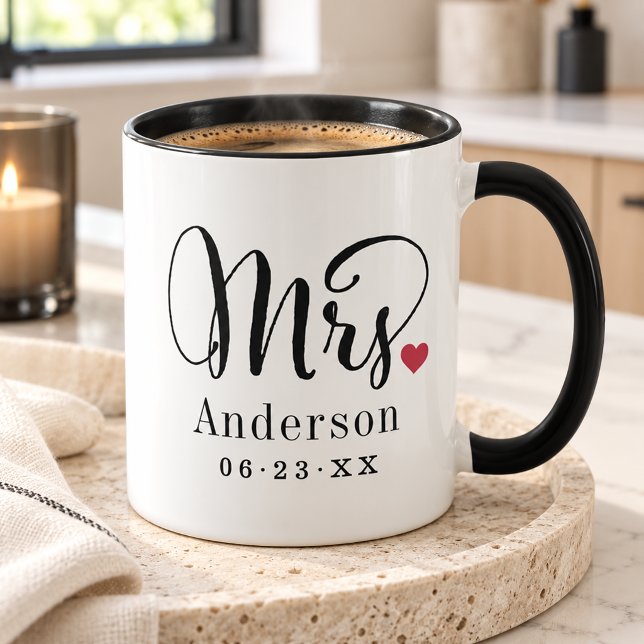 Fru Elegant Script Hjärtan Anpassad Bröllopsmonogr Mugg (Skapare uppladdad)