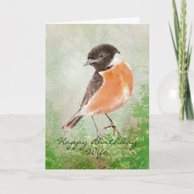 Fru för Stonechat fågelgrattis på födelsedagen Kort (Framsida)