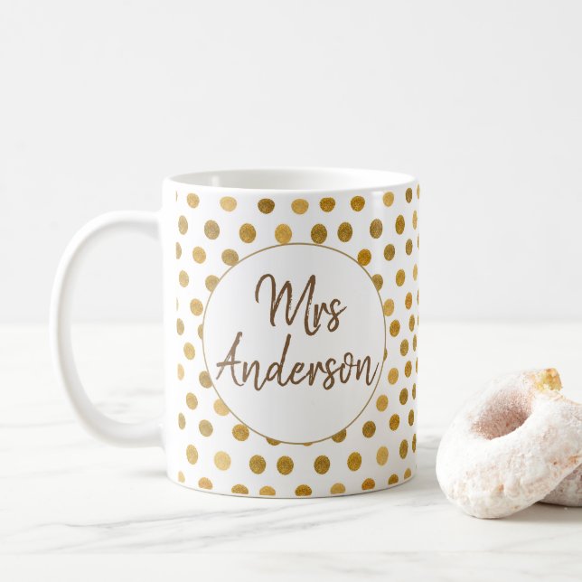 Fru, Guld Glliter Polka dots, Personlig Kaffemugg (Med munk)