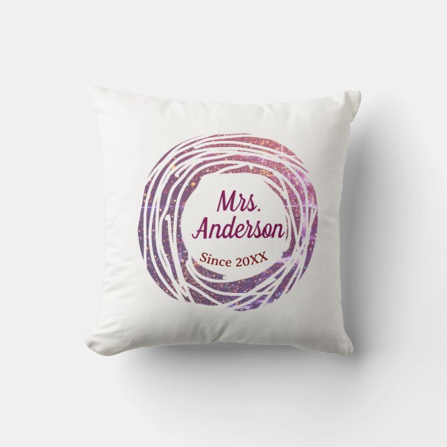 Fru namn rosa mauve kant sedan år bröllop brud kudde (Framsida)