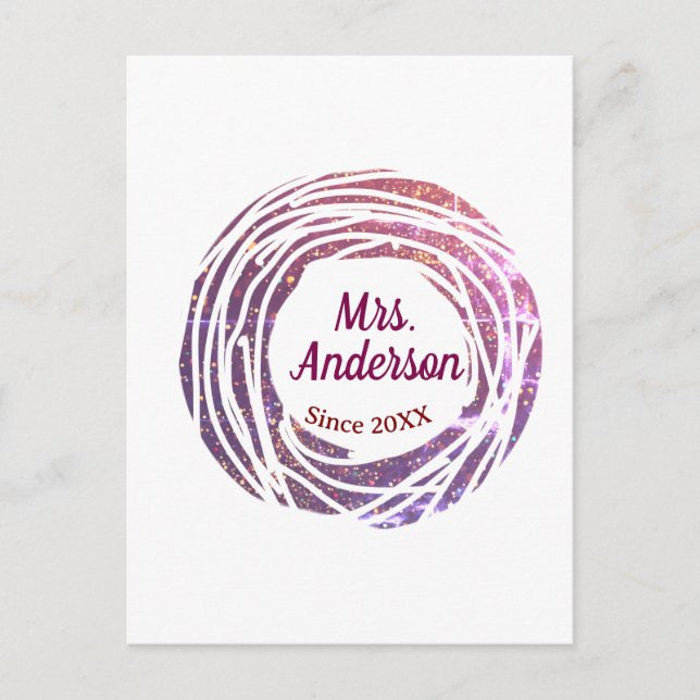 Fru namnet rosa mauve kant sedan år bröllop brud vykort (Framsida)