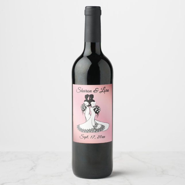 Fru och fru Bröllop Personlig Rosa Vinflaska Etikett (Framsida)