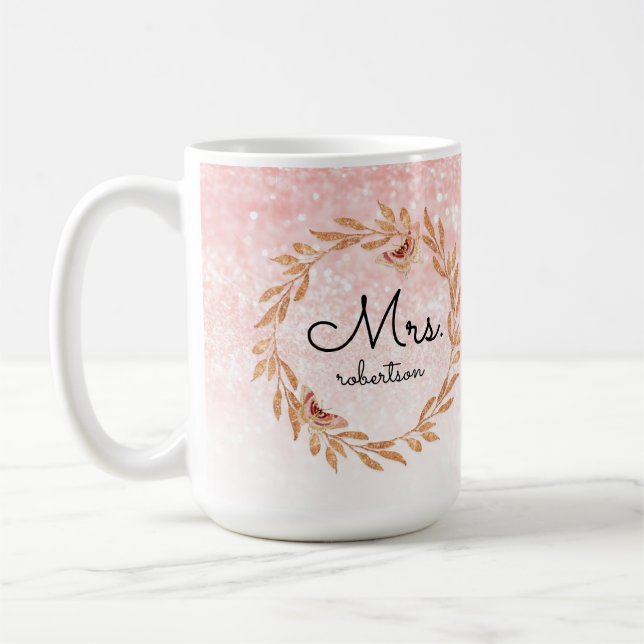 Fru Rose Gold Fjäril Rosa Glitter Bröllopsfest Kaffemugg (Vänster)