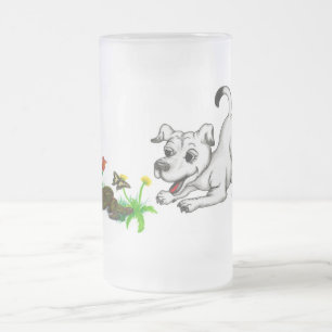 Frühlingserwachen, Welpe mit Schmetterling Frostat Ölglas
