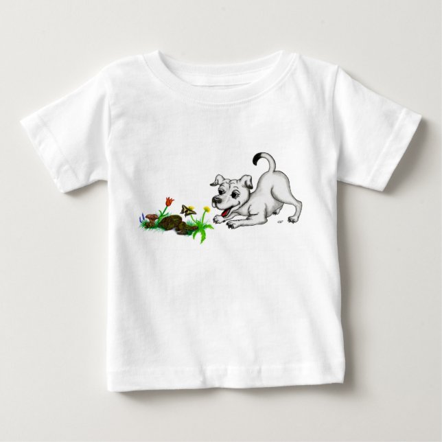 Frühlingserwachen, Welpe mit Schmetterling Tee Shirt (Framsida)