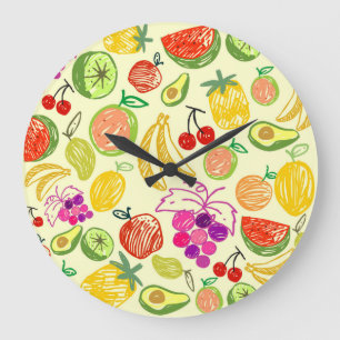 Fruit Doodle Mönster Stor Klocka
