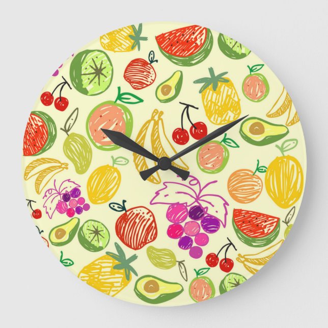 Fruit Doodle Mönster Stor Klocka (Framsida)