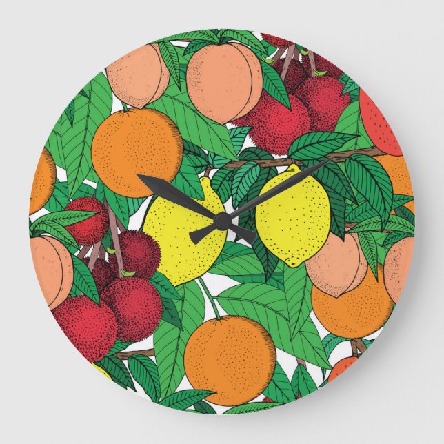 Fruit Hand plockade Sketch Mönster Stor Klocka (Framsida)