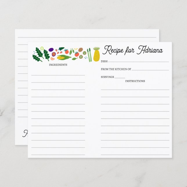 Fruit Veggies CUSTOM Bridal Shower Recipe Card (Fram/baksida)