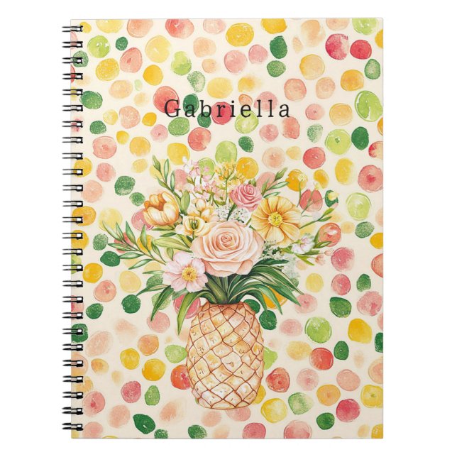 Fruity Pink Green Yellow Pineapple Floral Anteckningsbok (Framsidan)