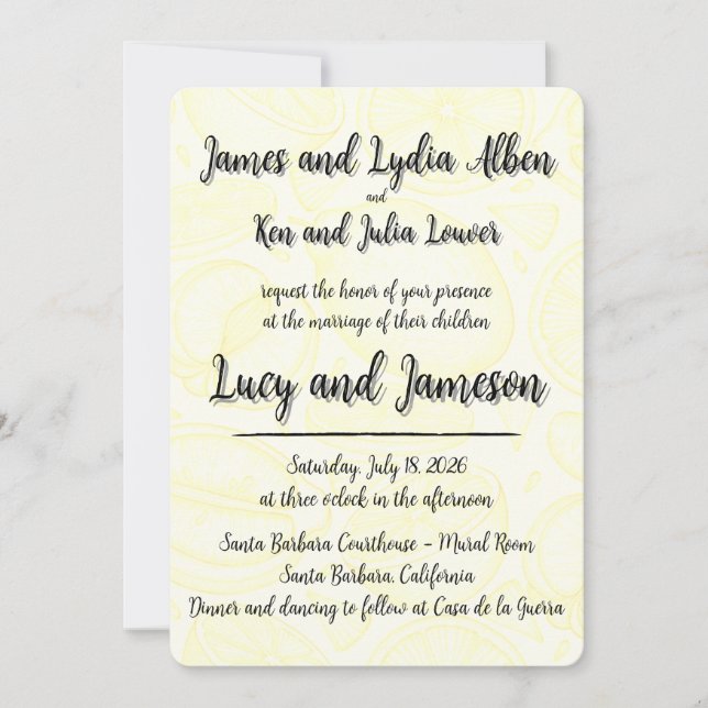 Fruity yellow citrus formal wedding invitation inbjudningar (Framsida)