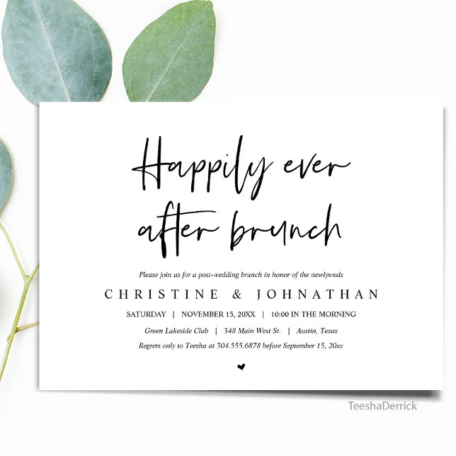 Frukost efter bröllop, inbjudan till efterfest (Happily Ever After Brunch, Wedding Elopement Celebration in Modern Minimalist design themed)