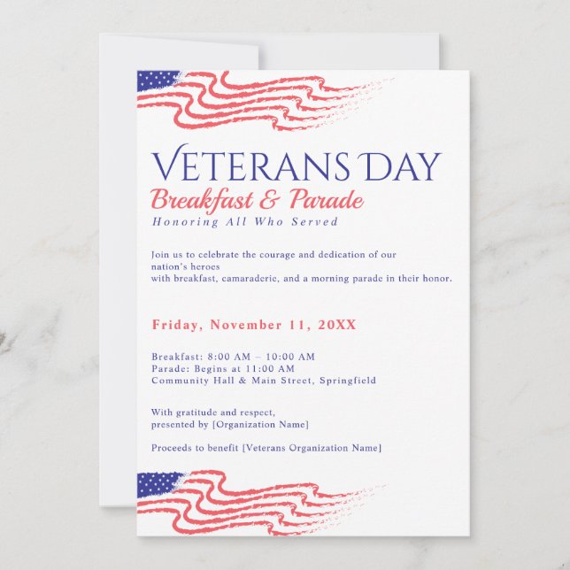 Frukost för veteranernas dag Patriotisk parad fund Inbjudningar (Framsida)